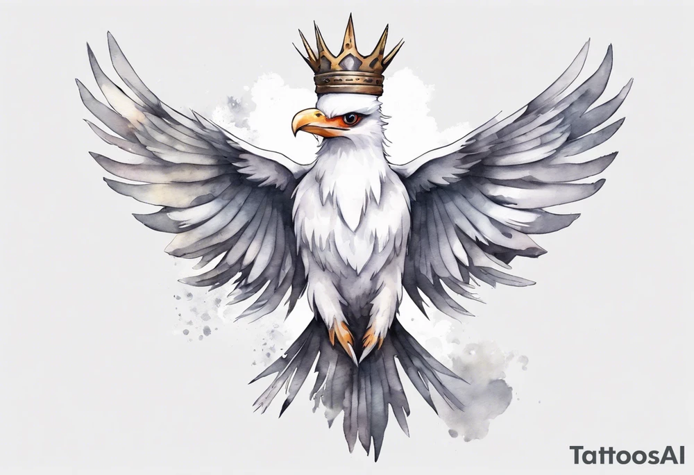 a solitary white thunderbird wearing a grey crown tattoo idea
