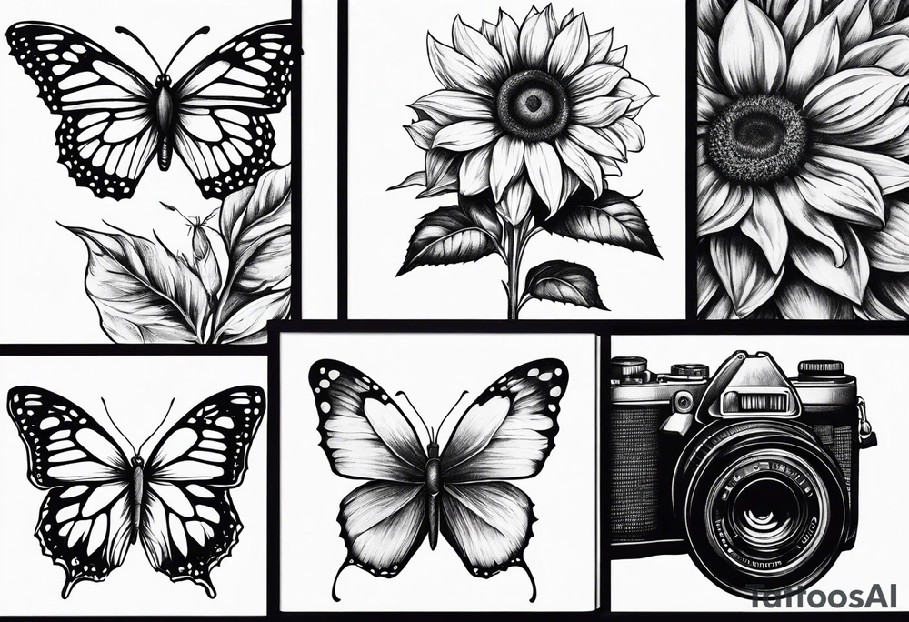 Butterfly, sunflower, camera, book, flower rose tattoo idea Butterfly, sunflower, camera, book, flower rose tattoo idea