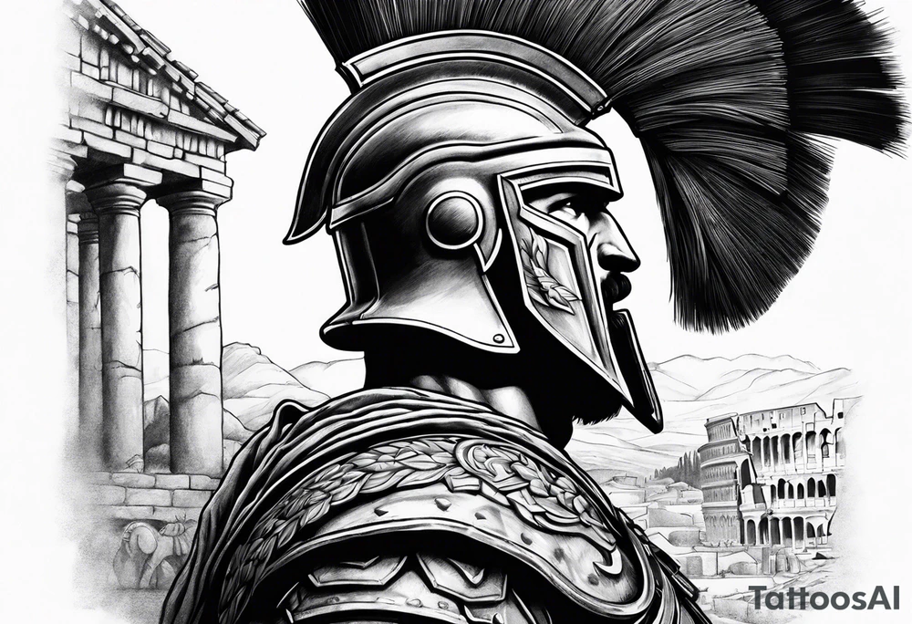 Side profile of spartan soilder with Roman buildings tattoo idea