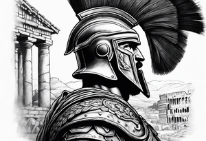 Side profile of spartan soilder with Roman buildings tattoo idea