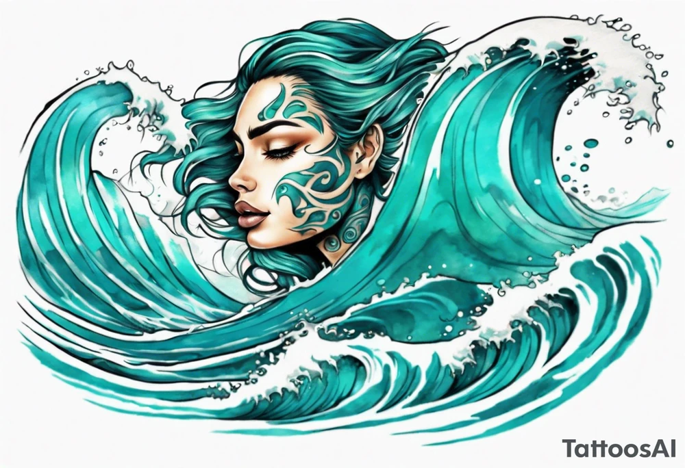 a beautiful teal face emerging from an ocean wave, crashing onto the shore tattoo idea