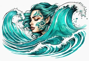 a beautiful teal face emerging from an ocean wave, crashing onto the shore tattoo idea