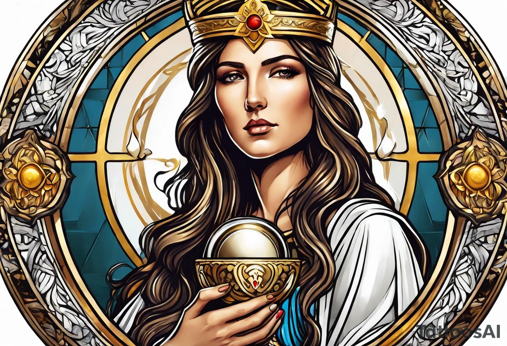 holy saint woman with golden halo holding a chalice tattoo idea