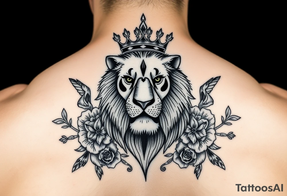 powerful majestic lion with a crown, surrounded by floral ornaments and birds tattoo idea