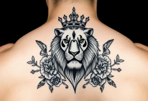 powerful majestic lion with a crown, surrounded by floral ornaments and birds tattoo idea