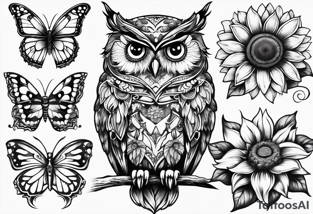 Owl, butterfly and sunflower are sleeve tattoo idea