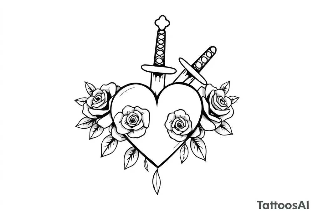 dagger piercing a heart with roses tattoo idea