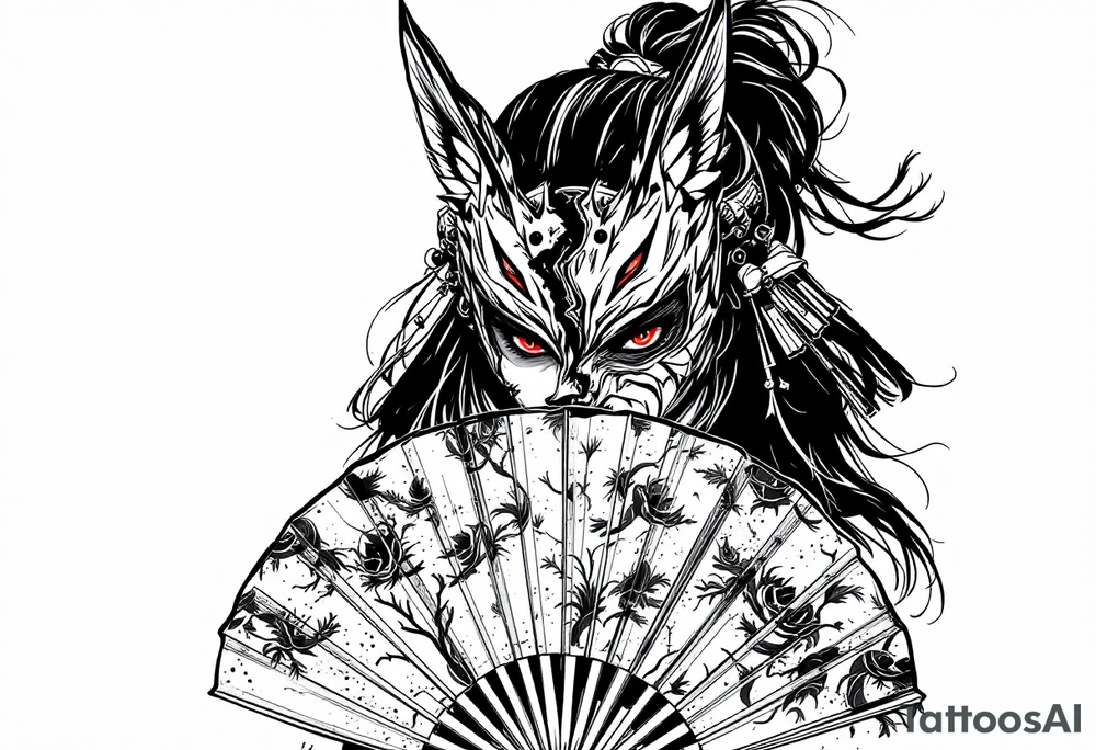 Woman samurai with red eyes wearing an half and broken fox mask, holding a japanese fan with irises. tattoo idea