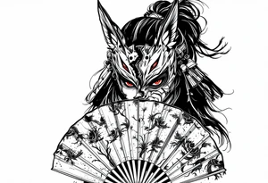 Woman samurai with red eyes wearing an half and broken fox mask, holding a japanese fan with irises. tattoo idea