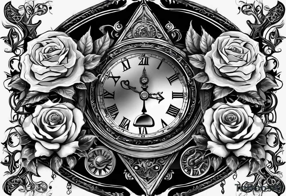 I want a design for printing on t-shirts, the design is an hourglass with a hand clock in the middle with Amazigh numbers, and these two main elements are mixed with thorny roses and planets tattoo idea