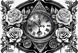 I want a design for printing on t-shirts, the design is an hourglass with a hand clock in the middle with Amazigh numbers, and these two main elements are mixed with thorny roses and planets tattoo idea