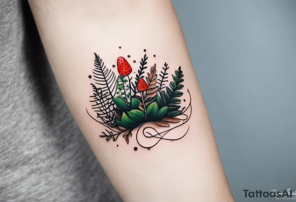 minimalistic forest floor inspired tattoo, which includes grass, curly ferns and dead leaves as the bulk of the tattoo. details to include: three  tiny strawberries, couple of very small brown mushrooms, a tiny bumblebee flying nearby tattoo idea