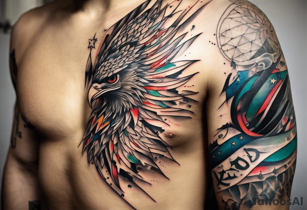 Wide tattoo that appears to be bursting out of the skin, symbolizing freedom. The tattoo should be vibrant and dynamic, with bold lines and colors that evoke a sense of liberation and empowerment. Consider incorporating elements such as broken chains, or other symbols of freedom. The tattoo should be visually striking and thought-provoking, inviting the viewer to reflect on the importance of personal freedom. tattoo idea
