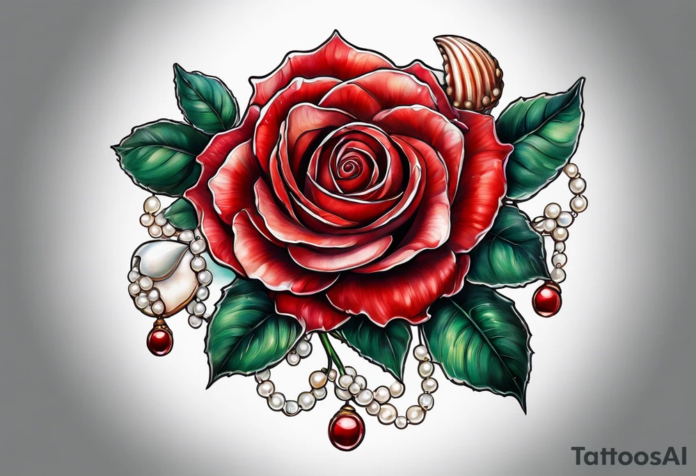 Red rose with seashell and pearls tattoo idea