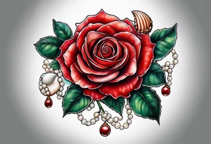 Red rose with seashell and pearls tattoo idea