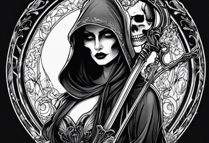 Lady grim reaper with
 scythe and skulls tattoo idea