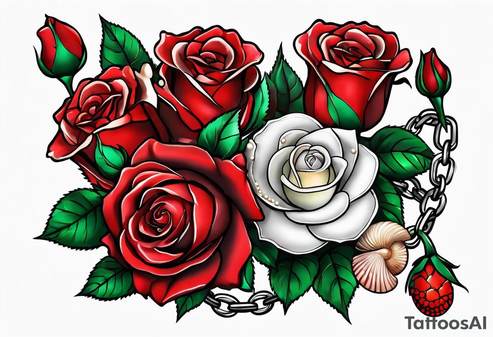 Red roses with a chain made of pearls and seashells tattoo idea