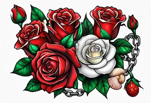 Red roses with a chain made of pearls and seashells tattoo idea