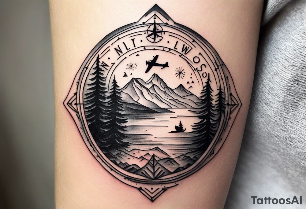 A half sleeve tattoo that features the quote **"Not all who wander are lost"** in elegant script on the outer forearm. Surrounding it are a compass rose and flowing elements like mountains, waves, and trees, symbolizing adventure and nature. Small travel icons like a plane and backpack are interspersed, enhancing the theme of exploration. The design uses a dynamic look that wraps naturally around your forearm. tattoo idea
