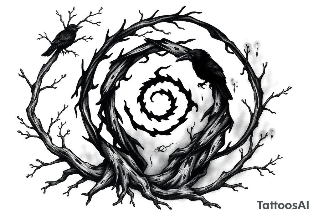 Tattoo design combining a black spiral, nature elements like roots, vines, fog, and flowing water, mythological symbols like Norse runes, a raven, and a shadowy wolf spirit. Include anime elements from Naruto and One Piece: Sharingan eye, chakra flames, Itachi silhouette, Kurama, Luffy in Gear 5, and Zoro’s swords. Style should be black and grey with red highlights, mystical, powerful, and artistic – blending nature, mythology, and anime tattoo idea