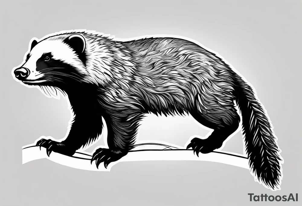 honey badger climbing-over, claws near face, behind, on its back legs, looking over fence, closed mouth tattoo idea