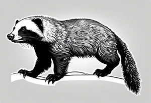 honey badger climbing-over, claws near face, behind, on its back legs, looking over fence, closed mouth tattoo idea