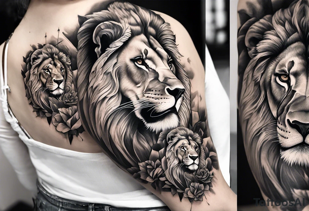 Full sleeve tattoo depicting a large lion protecting his lioness and 6 lion cubs. Background should depict a safari scene tattoo idea