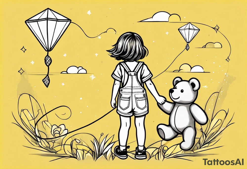 back image of a little girl flying a kite with a teddy bear in yellow overalls standing beside her tattoo idea