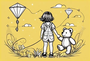 back image of a little girl flying a kite with a teddy bear in yellow overalls standing beside her tattoo idea