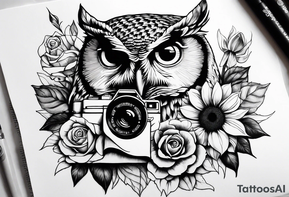 Sunflower, camera, book, owl, flower rose tattoo idea