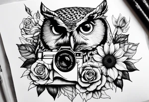 Sunflower, camera, book, owl, flower rose tattoo idea