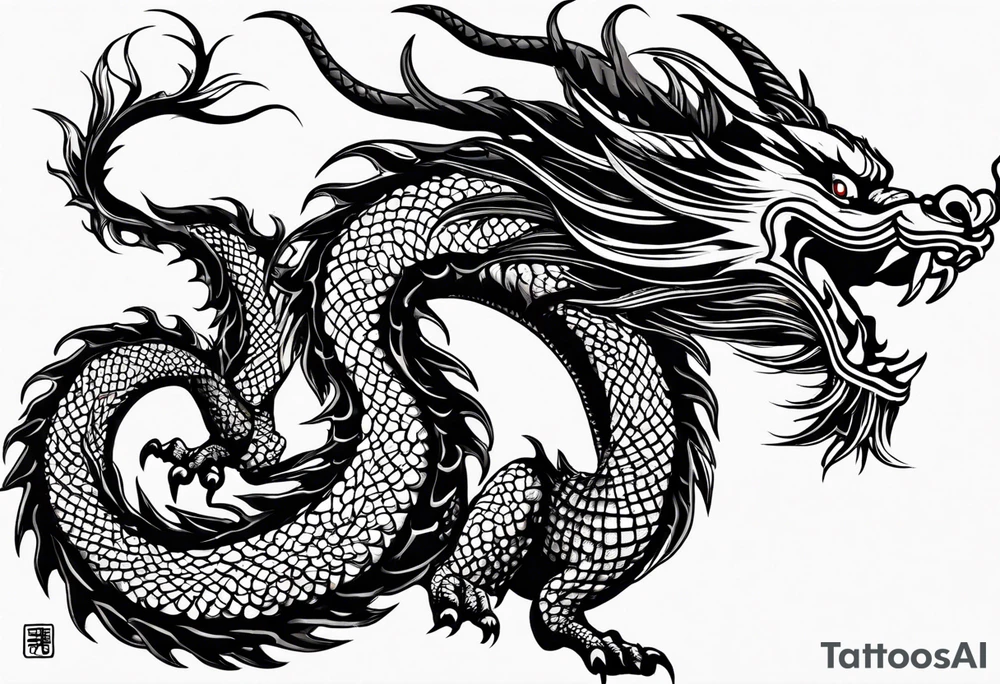 Create a detailed sketch of a Chinese dragon tattoo. The dragon should be depicted in a dynamic, serpentine pose, with its body coiled and flowing gracefully. Emphasize its ornate features: long, sinuous body covered in intricate scales, powerful claws, and a fierce, expressive face with prominent whiskers and a beard. Include traditional Chinese elements like clouds or waves to enhance the composition. Use clean lines and bold shading to ensure the design is suitable for a tattoo, with a focus on capturing the dragon's majestic and mythical qualities tattoo idea