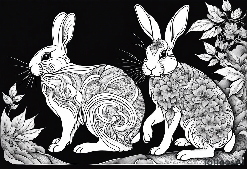 two bunnies, one smaller, one larger, with their backs, holding a maple leaf tattoo idea two bunnies, one smaller, one larger, with their backs, holding a maple leaf tattoo idea