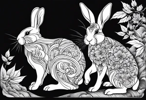 two bunnies, one smaller, one larger, with their backs, holding a maple leaf tattoo idea