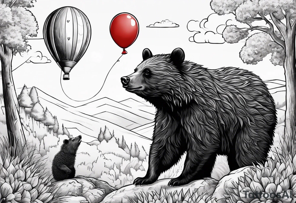 black bear and hedgehog, bear stands over comic hedgehog smiling, hedgehog has red balloon in hand, hedgehog stands on two feet. tattoo idea