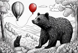 black bear and hedgehog, bear stands over comic hedgehog smiling, hedgehog has red balloon in hand, hedgehog stands on two feet. tattoo idea