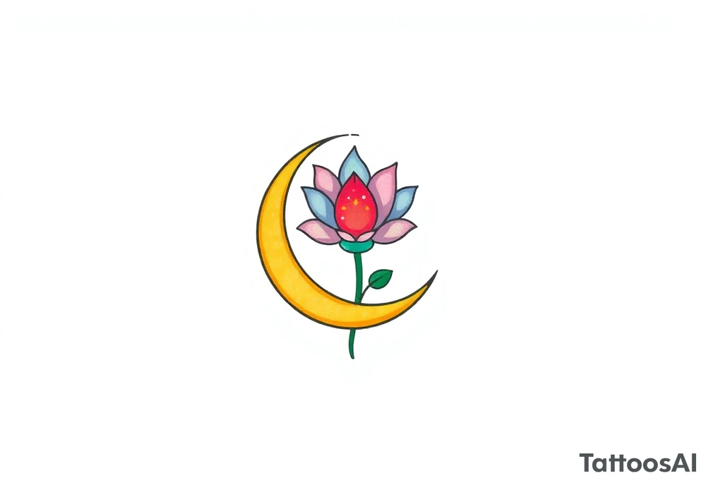 small colorful crescent moon with lotus flower tattoo idea