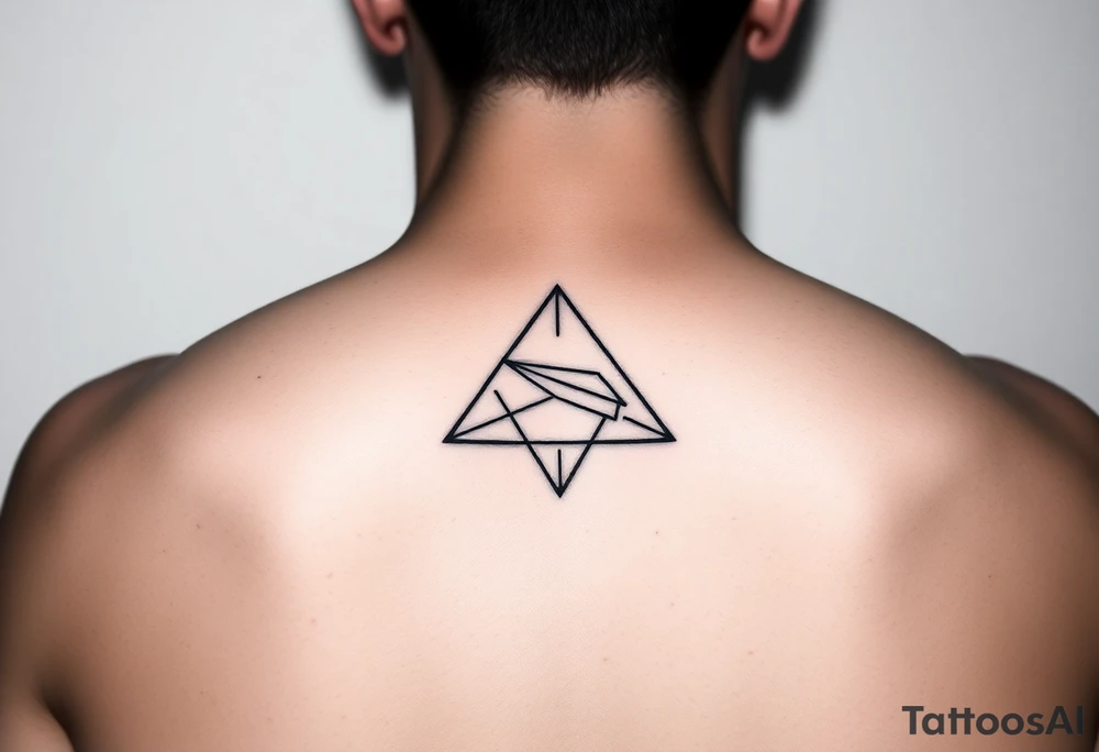Geometric small triangle with a paper plane while being psychedelic with fine thin lines tattoo idea