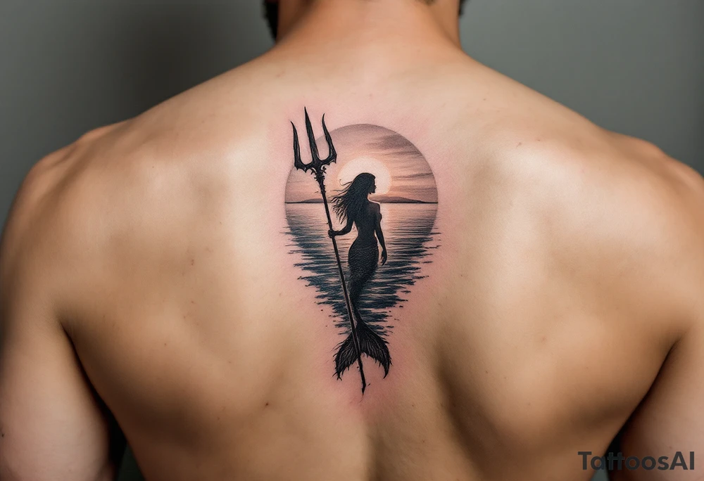trident half way under calm water with mermaid at sunset tattoo idea