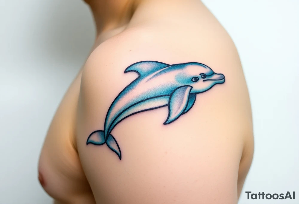 A majestic dolphin swimming through ocean waves, with intricate light-blue and turquoise details tattoo idea