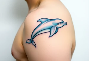 A majestic dolphin swimming through ocean waves, with intricate light-blue and turquoise details tattoo idea