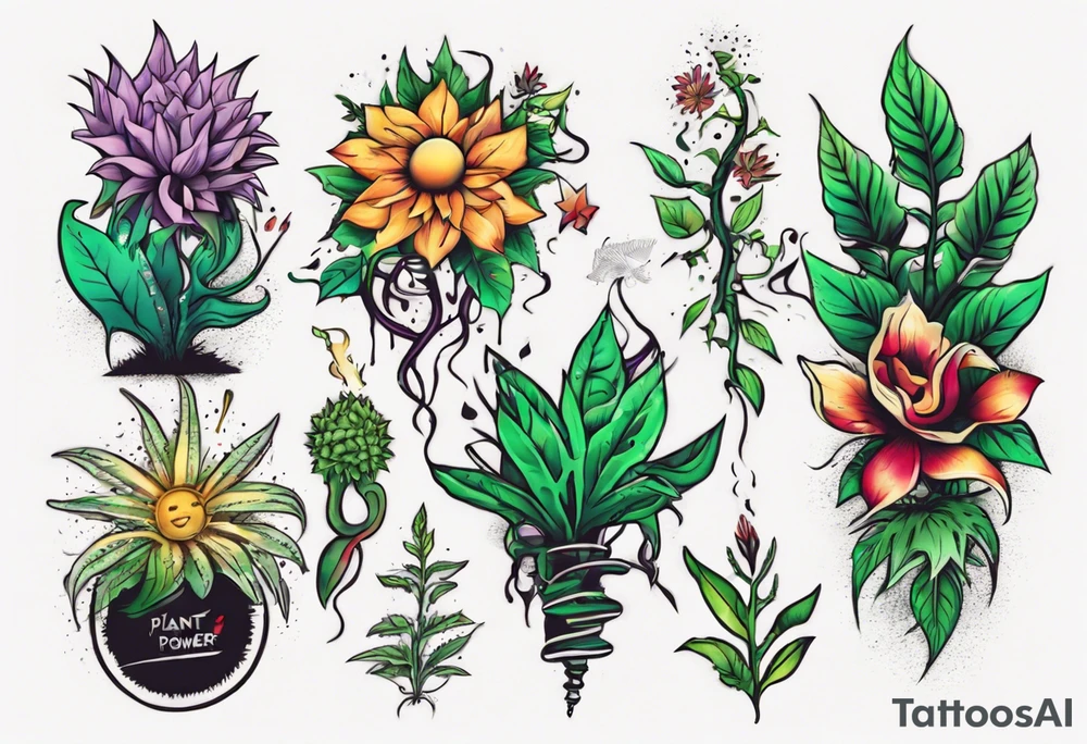 Words “Plant Power” with plants tattoo idea