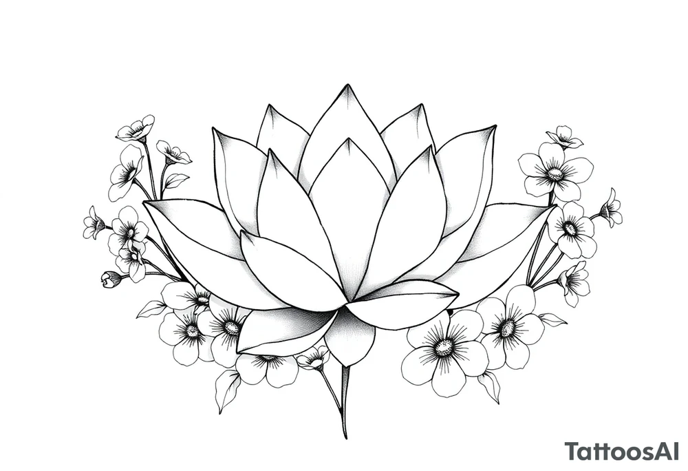 Lotus flower surrounded by forget me nots and peonies tattoo idea