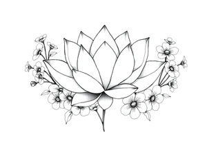 Lotus flower surrounded by forget me nots and peonies tattoo idea