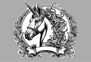 Coat of arms with a thick, tough looking unicorn that is smoking a cigarette and is wearing dark glasses. The horse should be like thicker than a Clydesdale tattoo idea