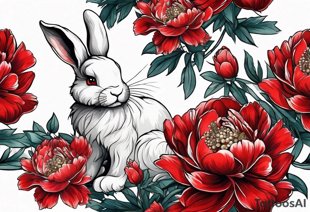 Red peony with pearls dangling and bunny tattoo idea