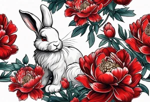 Red peony with pearls dangling and bunny tattoo idea