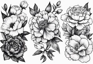 marigold, peony, and narcissus lined up side by side tattoo idea
