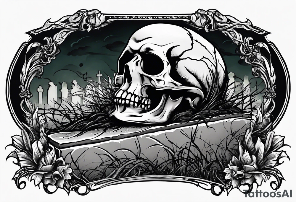 Man crawling out of grave. 
MIW Reincarnate written on gravestone tattoo idea
