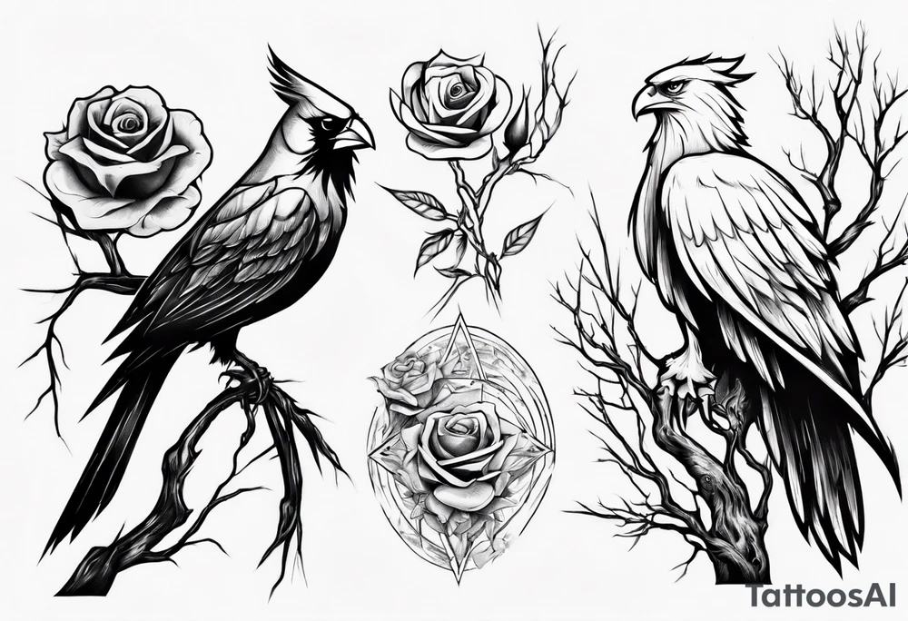 A cardinal with a rose and a eagle sitting in a willow tree. tattoo idea